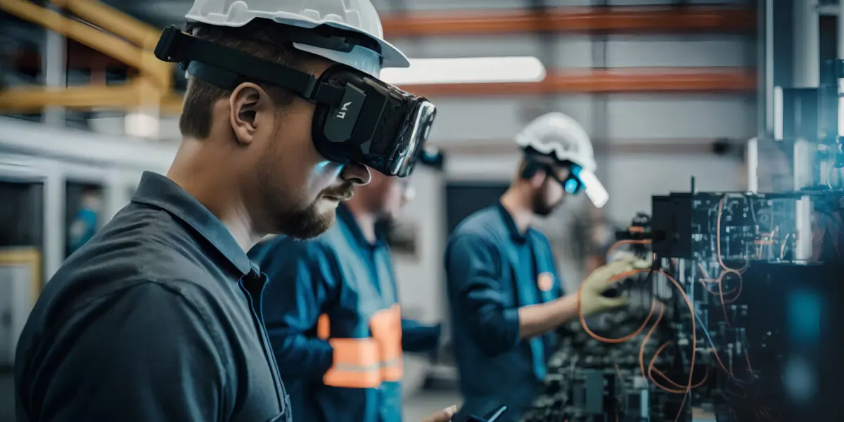 worker in industrial factory uses virtual reality to examine CAD manufacturing designs