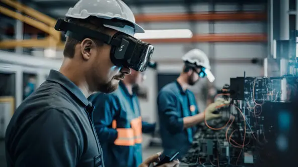 worker in industrial factory uses virtual reality to examine CAD manufacturing designs