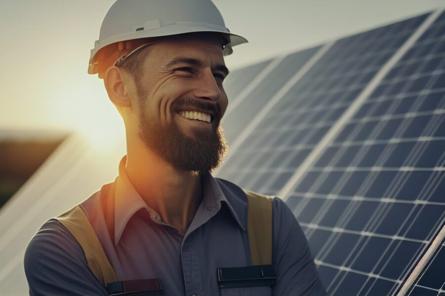 Engineer man with a smile checking the operation of the sun and the cleanliness of photovoltaic solar panels.