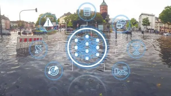 conceptual image of bioinformatics: digital icons overlay flooded town to monitor water quality contamination