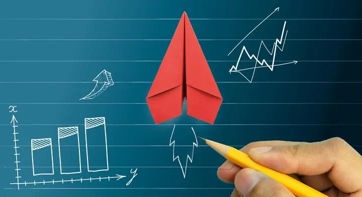 conceptual image for interns / entry jobs: lined paper, bar graph doodles, paper airplane blasts off