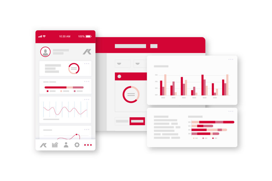 montage of KISTERS energy software UI with graphs and dashboards for smartphones and laptops