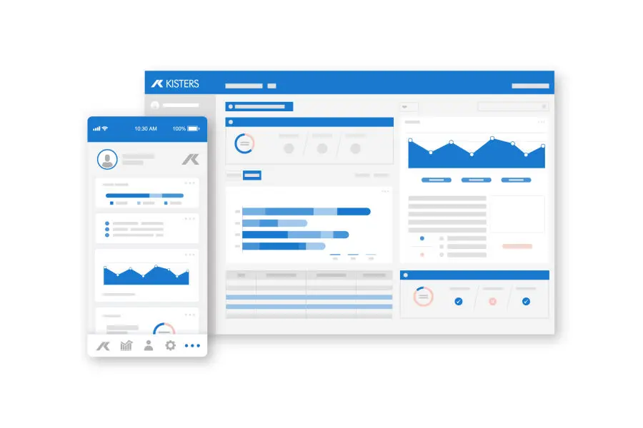 composite of KISTERS hydromet software UI with dashboards for mobile phone and desktop computer