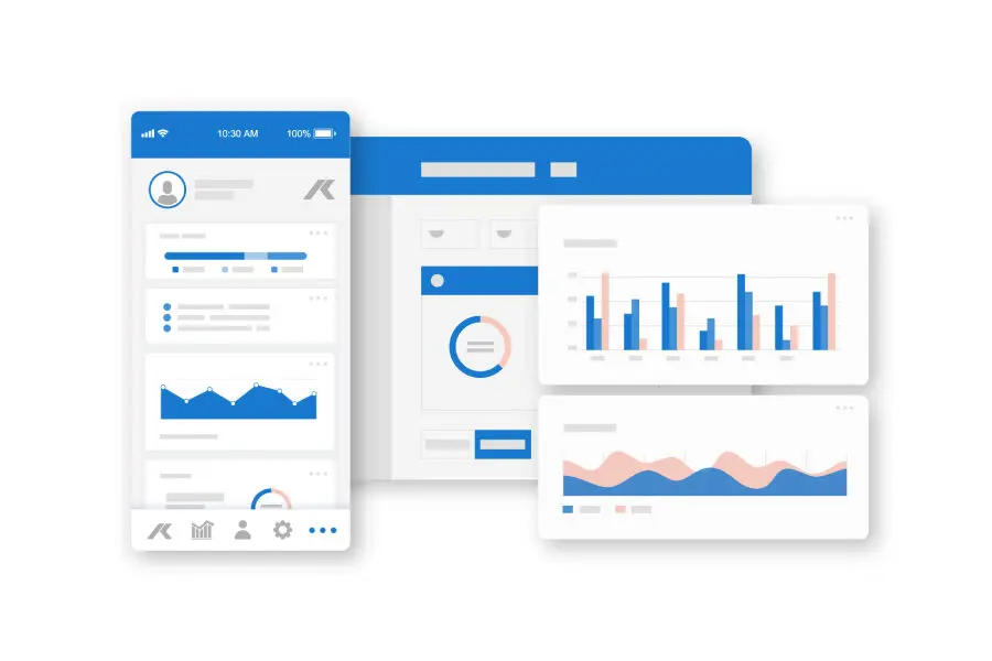 montage of KISTERS hydromet software UI with graphs and dashboards for smartphones and laptops