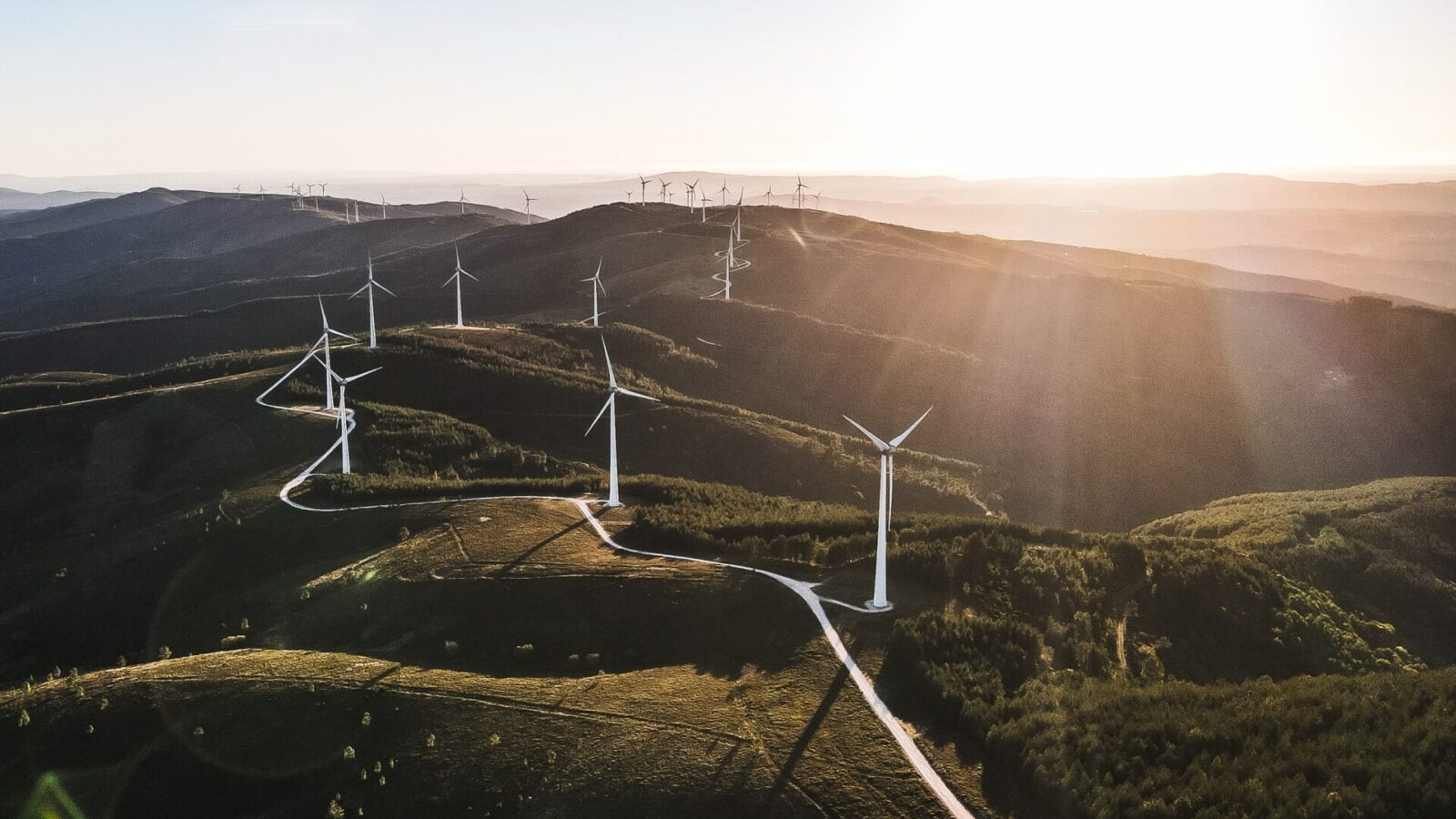 photo of a wind park amid rolling hills; road meanders to support wind turbine maintenance