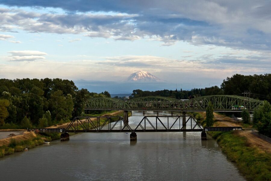 photo Pierce County, Washington with bridge in foreground and Mount Rainer in the distance