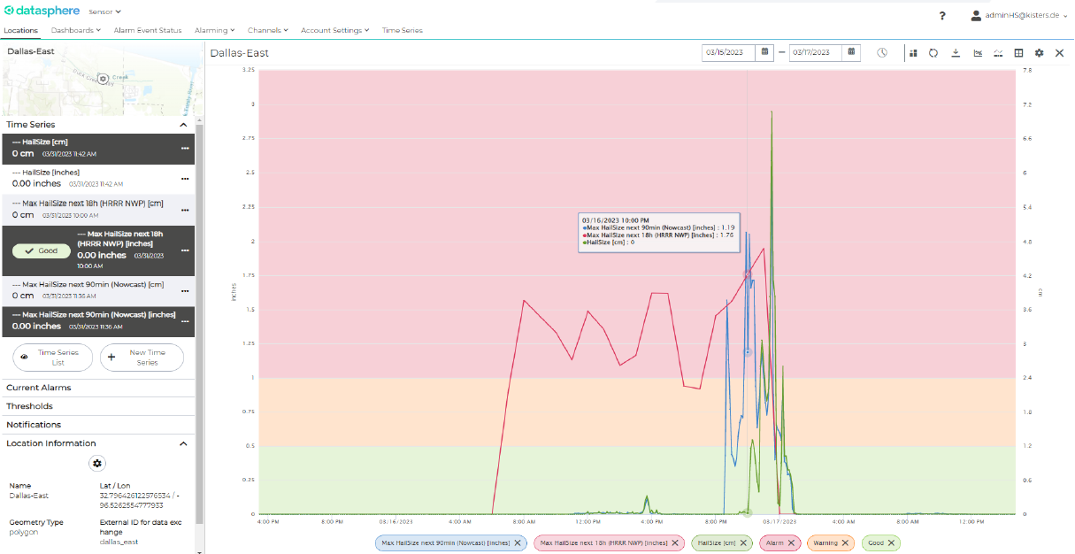 screen capture KISTERS HailSens360 hailstorm forecast, nowcast and real-time hail observations