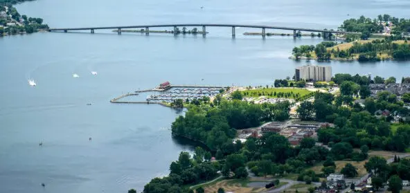 Bay of Quinte and Skyway Bridge in Ontario, Canada where conservation authority monitors flood risk