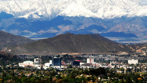 photo city of Riverside, seat of the County of Riverside, California with multiple mountain ranges in the background