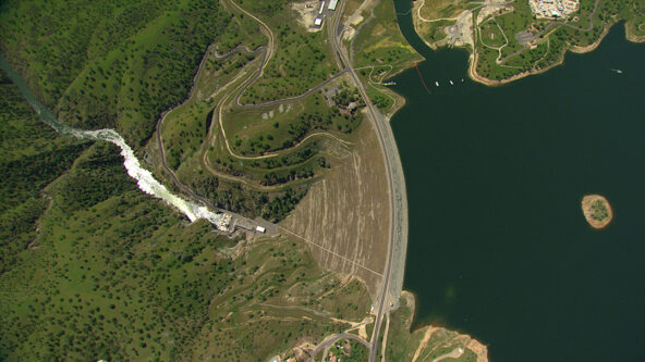 aerial photo of Don Pedro Dam, owned & operated by Turlock Irrigation District of Turlock, California, USA; source T I D
