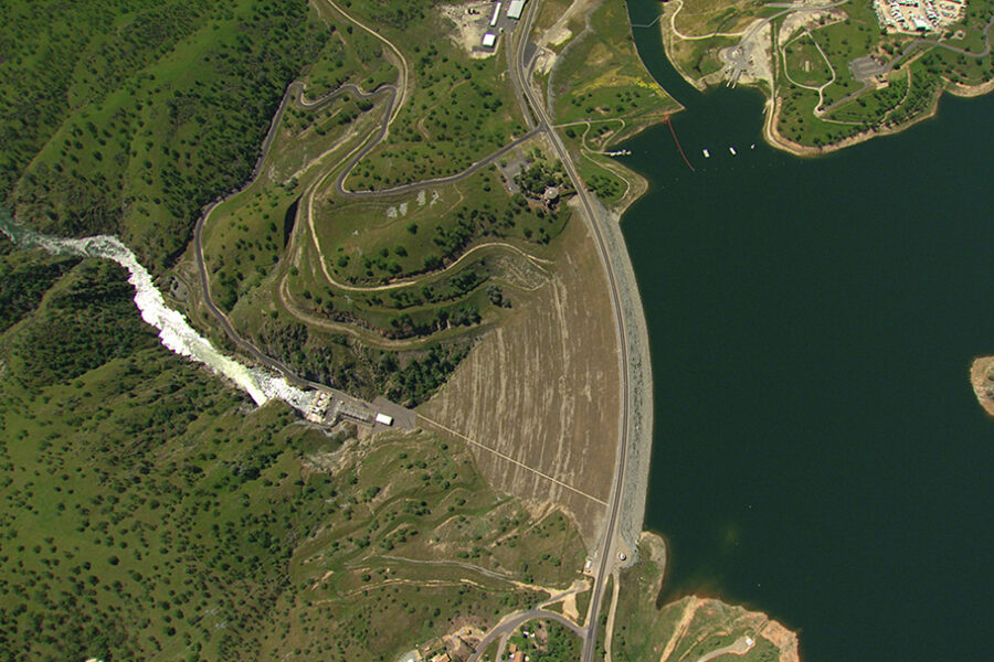 aerial photo Don Pedro Dam, owned & operated by Turlock Irrigation District of Turlock, California | source T I D