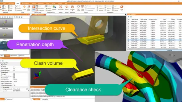 screen capture 3DViewStation desktop CAD viewer facilitating quality assurance: clearance check, clash volume, penetration depth, and intersection curve analysis.
