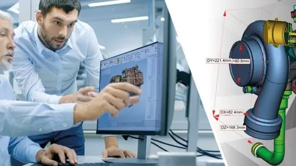 montage of a photo (design colleagues discuss CAD data displayed on a monitor) and a screen capture of 3DViewStation rendering (CAD visualization of an automotive engine)