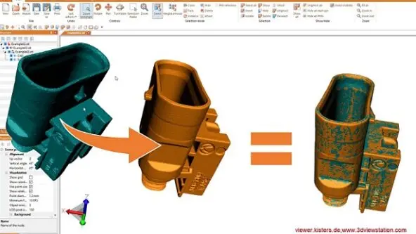 screen capture of 3DViewStation desktop CAD visualization software showing results from target-actual comparison; problems between the two are easily seen using contrasting colors and virtual model overlay