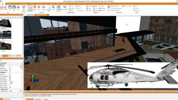 3DViewStation textures shows photorealistic renderings of building interior or helicopter exterior