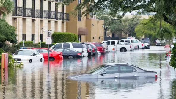 Houston, Texas flooded street: water level submerges tires of parked cars. stop sign in distance