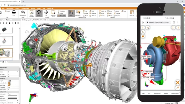 montage of screen captures 3DViewStation online CAD visualization software shown in a web browser; smartphone screen also shows online CAD rendering; no download required