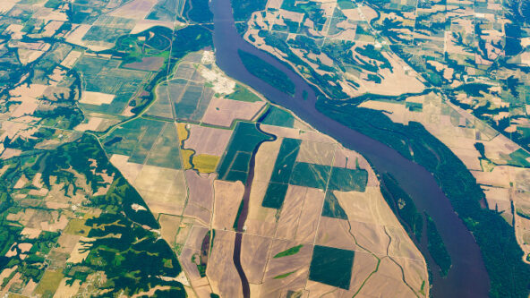 aerial of cropland & ag runoff in Mississippi Atchafalaya River Basin by Econ. Research Service USDA