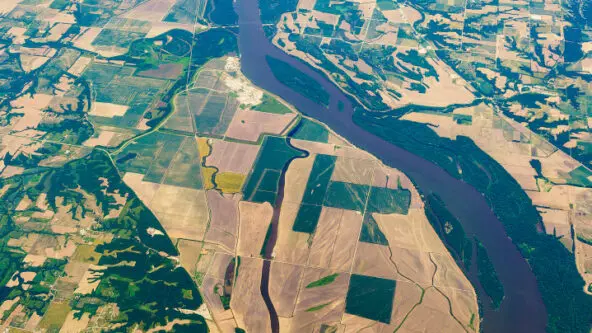 aerial of cropland & ag runoff in Mississippi Atchafalaya River Basin by Econ. Research Service USDA