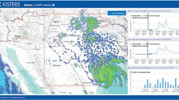 screen capture KISTERS National Water Model demo project data viewer features map, radar rainfall data, flood forecast hydrographs and rain forecast bar graph / histogram