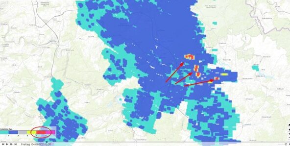 screen capture of precipitation type from X-band radar; red pixels show areas with large hail events