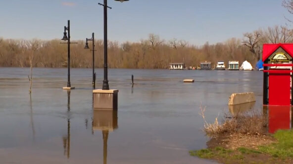 Levee Park in Red Wing, MN on 4-26-2023 flooding from swollen Mississippi River; more natural hazards to impact Central States | source WCCO news, CBS Minnesota