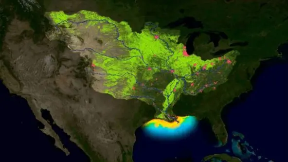 nutrient runoff heatmap of Mississippi Atchafalaya River Basin with hypoxia / water quality concerns
