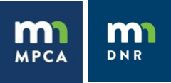 Minnesota Pollution Control Agency (MnPCA) and Minnesota Department of Natural Resources (MnDNR) logos featuring navy blue squares and a white lowercase letter m with an additional green stem to represent the letter n | source MPCA and MDNR