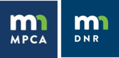 Minnesota Pollution Control Agency (MnPCA) and Minnesota Department of Natural Resources (MnDNR) logos featuring navy blue squares and a white lowercase letter m with an additional green stem to represent the letter n | source MPCA and MDNR