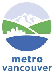 Metro Vancouver Regional District logo features circular emblem topped by light blue sky and white mountains, green hills, white Vancouver city skyline and blue water at the bottom | source MV