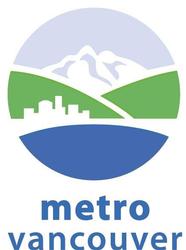Metro Vancouver circular logo with blue sky, white mountains, green hills, white skyline & blue water