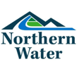 Northern Colorado Water Conservancy District or Northern Water logo features two mountains with a blue representation of the Cache la Poudre River flowing from the mountain top to the mountain bases over the words 