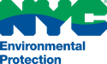 New York City Department of Environmental Protection (NYC DEP) logo features block-like letters N, Y and C; the colors green and blue are bisected by a wavy line | source NYC DEP