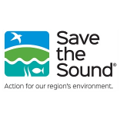 Save the Sound logo features a square with rounded corners, topped by a white bird flying in a blue sky, a green hill, and white seaweed and white fish in turquoise water | source
