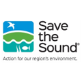 Save the Sound logo features a square with rounded corners, topped by a white bird flying in a blue sky, a green hill, and white seaweed and white fish in turquoise water | source