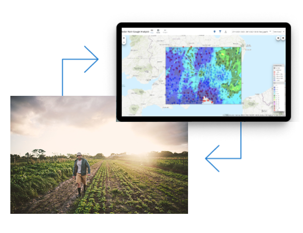 illustration of HydroMaster radar rainfall data used by a farmer, grower or food producer to monitor and adjust drip irrigation and optimize crop yield