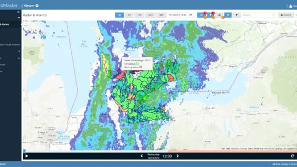 HydroMaster shows Canadian radar rainfall forecasts & observations as animation & extracted graphs & tables