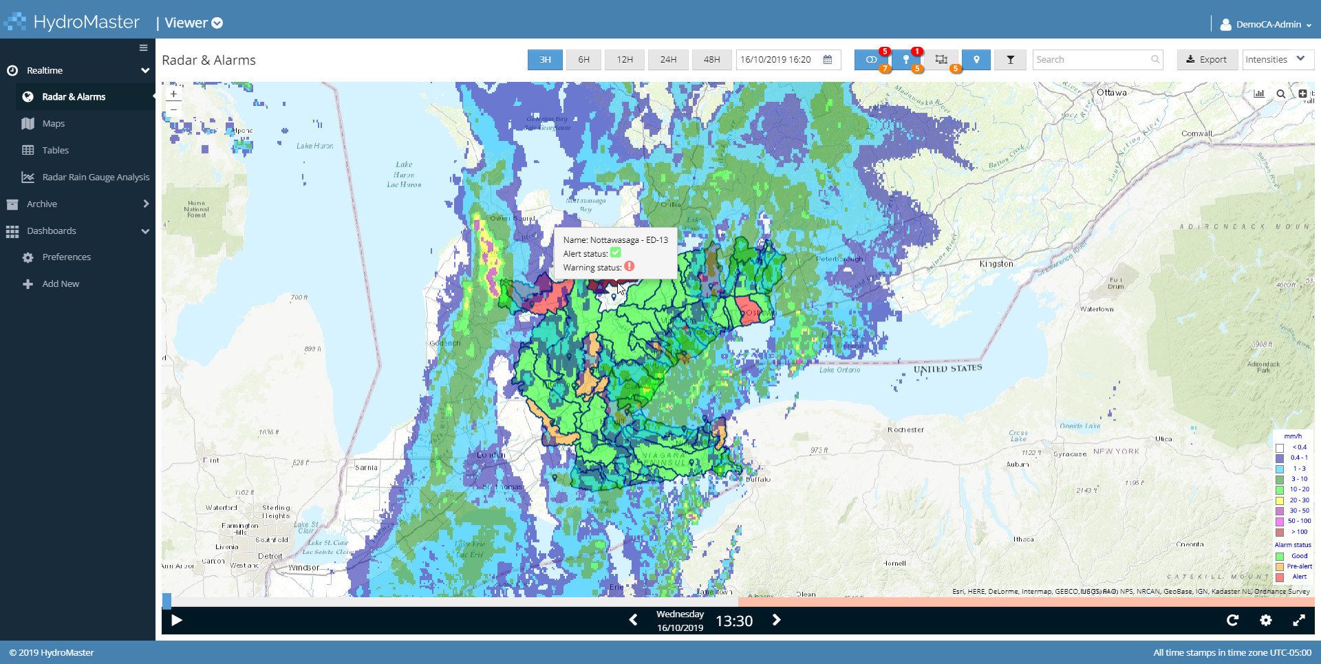 Hydromaster screenshot shows real time precipitation observations and forecasts via web browser.