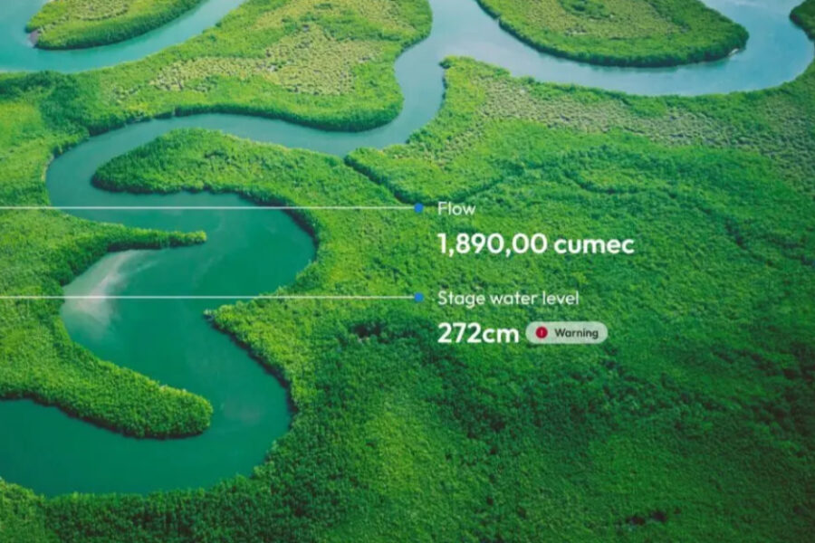 aerial photo of green wetlands and a serpentine waterway; data callouts for water