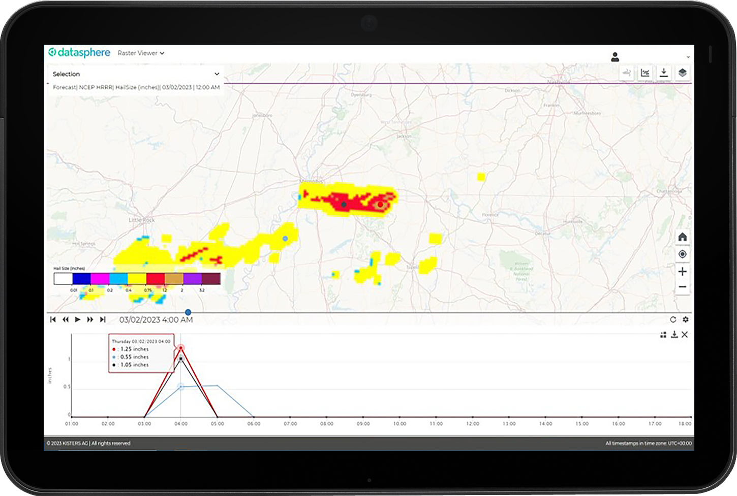 tablet showing KISTERS datasphere web portal with hail storm warnings and estimated sizes of hailstones 