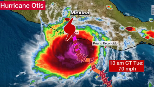 screen capture of Tropic Storm Otis on Tuesday, 24 October 2023 at 10 AM Central Time with 70 mph winds and path heading toward Acapulco, Mexico | source The Weather Channel