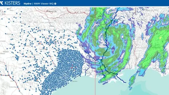 KISTERS NWM dataviewer maps rainfall and stream gauging stations during Hurricane Harvey in 2017.
