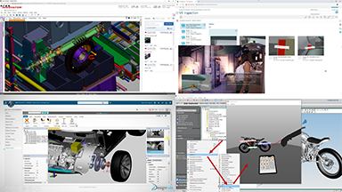 montage of 3D View Station user interfaces that exhibit advanced visualization for product lifecycle managemenet PLM systems