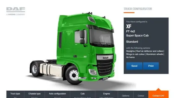 screen capture of award-winning 3D truck configurator on DAF website | credit DAF Trucks N.V.
