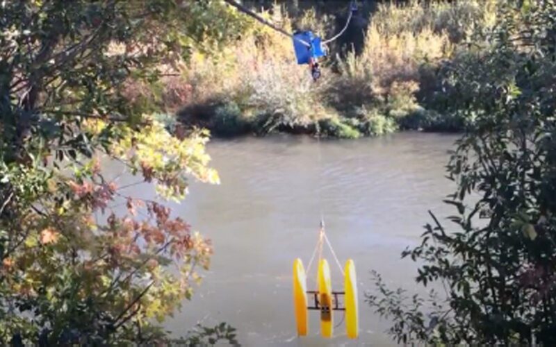 photo of Cable Fox cableway system towing an acoustic Doppler current profiler (ADCP)