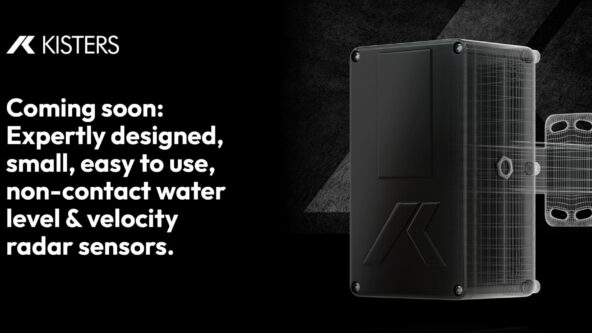 HyQuant launch preview image: black background with CAD rendering of HyQuant non-contact water radar sensor, white KISTERS logo and the text, 
