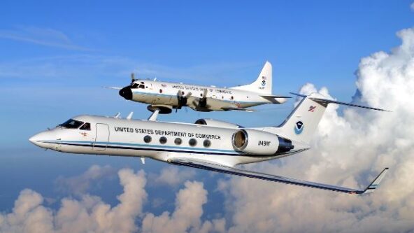 Gulfstream IV-SP jet & WP-3D Orion aircraft in the sky used by NWS to study atmospheric rivers