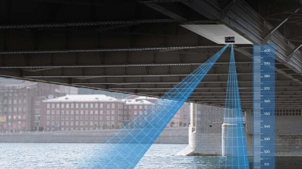 cropped version of a hybrid photo of the underside of a bridge where a HyQuant non-contact radar sensor has been mounted and illustration of contactless radar technology to measure water level and water level