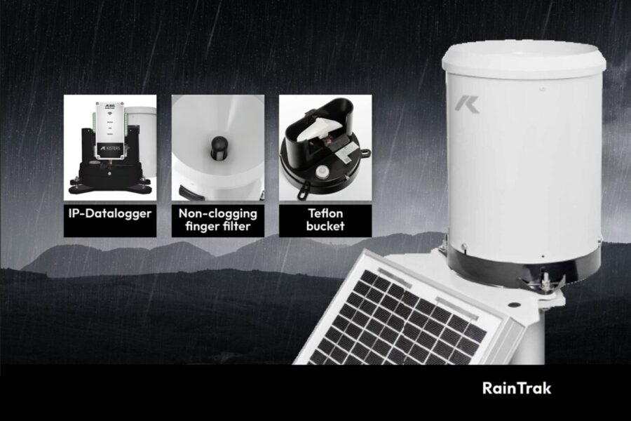 photo of KISTERS RainTrak and key features: IP data logger, non-clogging filter finger, and teflon bucket
