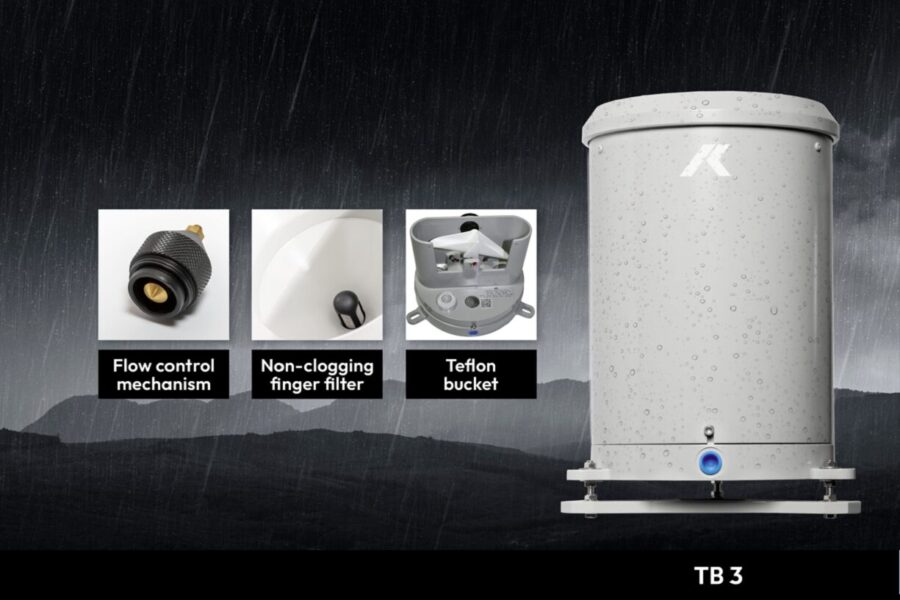 photo of TB3 tipping bucket rain gauge with close-up photos of key features: flow control mechanism, non-clogging finger filter, teflon tipping bucket